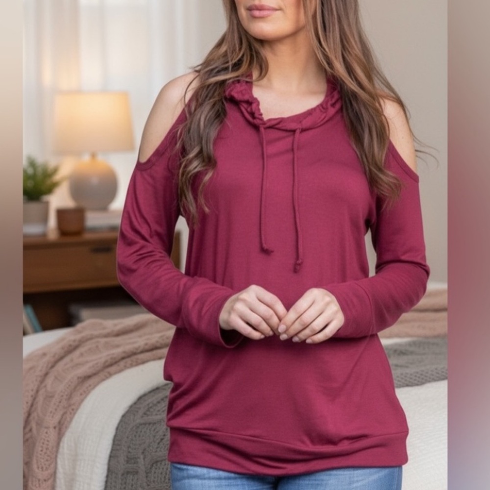 NEW•Blissful Balance Desiree Open Shoulder Berry Soft Hoodie•XL-2X - Picture 3 of 13
